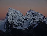 Gokyo Ri 08-3 Cholatse and Tawache From Gokyo Ri After Sunset A warm glow surrounds Cholatse after sunset from Gokyo Ri. It took just 40 minutes to scramble back down from Gokyo Ri to Gokyo, the last portion using my flashlight in the dark.